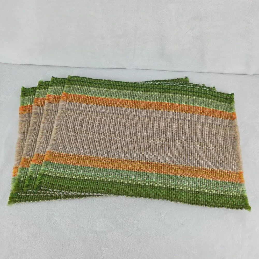 Vintage MCM Woven Placemats Set of 4 Green Orange Beige Made in Japan Unused NOS